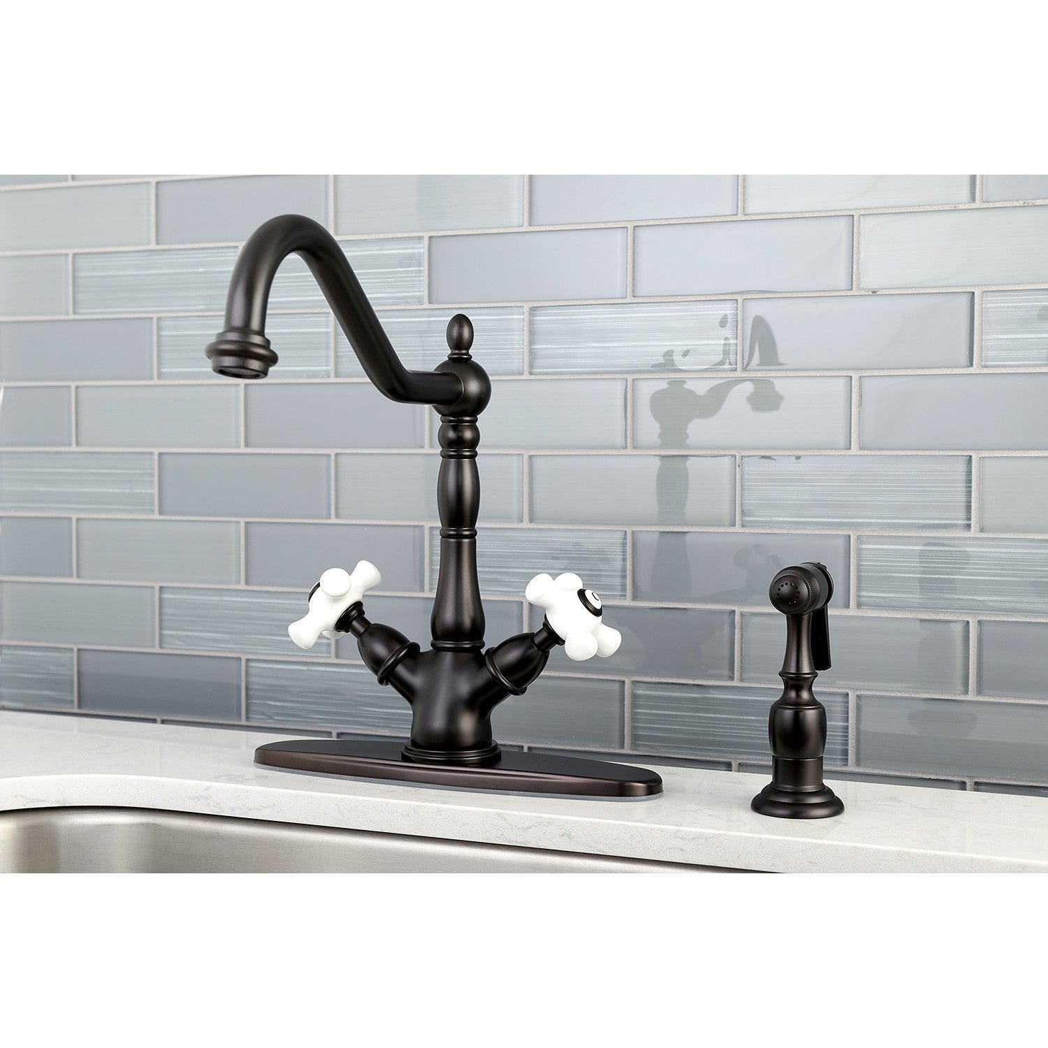 Kingston Heirloom KS1235PXBS - Heritage Two-Handle 2-or-4 Hole Kitchen Faucet with Brass Sprayer, Oil Rubbed Bronze — thumbnail 2